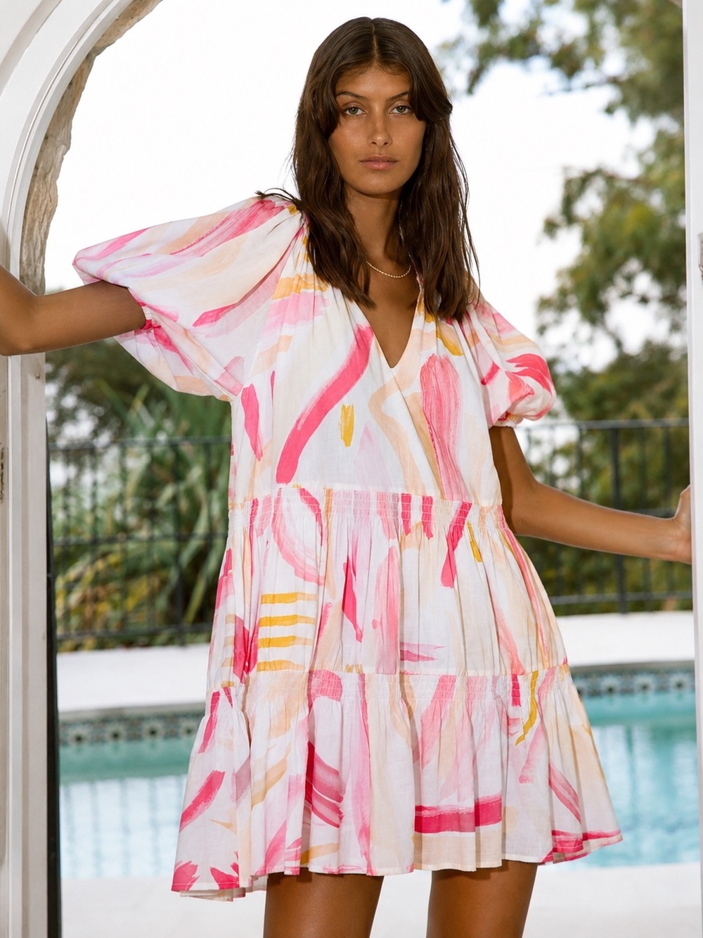 Steele Abstract Print Tiered Mini Dress Puff Sleeve V-Neck Size Small